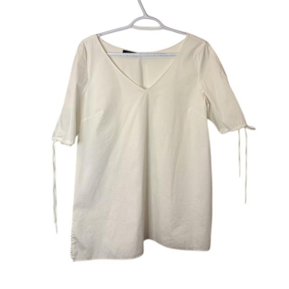 Lafayette 148 New York puff tie sleeves V neck blouse white women's size L